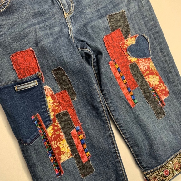 KUT Womens Jeans | Cropped Boho Upcycled | Hippie Festival | Burgundy Black | Si - Picture 10 of 12